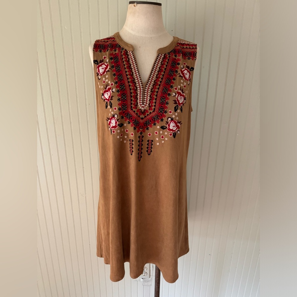 Faux Suede Embroidered Knee-length Dress